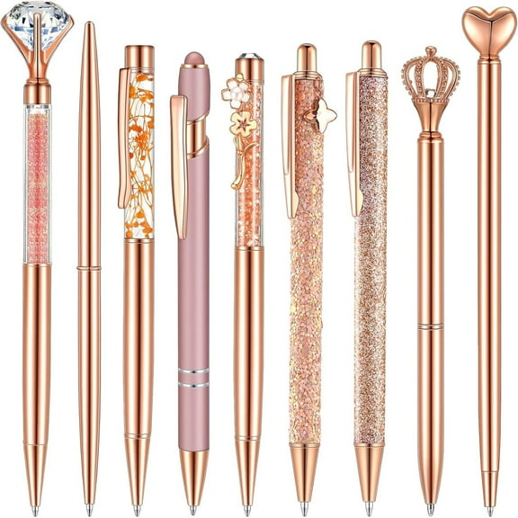 9 pcs Rose Gold Ballpoint Pens Set with Metal Crystal Diamond Design for Women - Fancy Pens for Journaling, Writing, Gifts