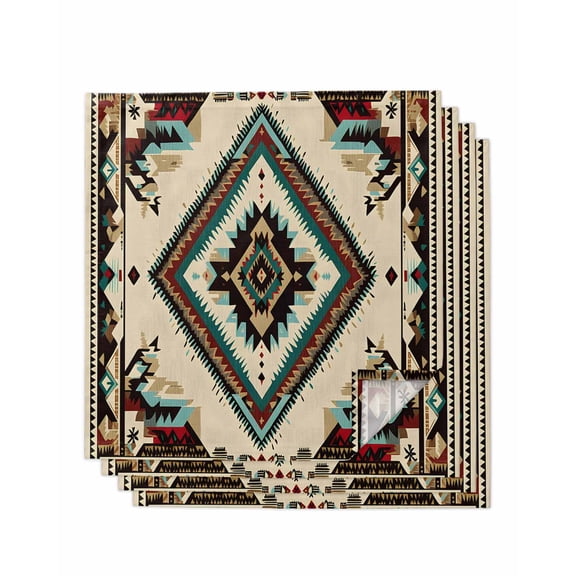 Boho Red Teal Brown Cloth Napkins Washable Set of 4, Southwestern Vintage Geometric Reusable Dinner Table Napkins Cloth Bulk for Weddings Kitchen Restaurants Hotel Events Parties 20 x 20 Inch
