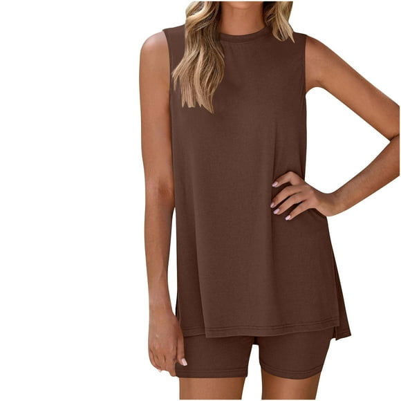 Women Two Piece Shorts Set Summer Solid Color Sweatsuit Sleeveless Tunic Tank Tops and Leggings Shorts Loungewear Travel Outfits Two Piece Set Lady Brown M