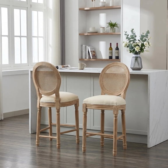 HAOMINS Bar Stools Set of 2, Height French Classic Country Solid Wood Bar Chairs with Upholstered Seat and Rattan Back for Bar Counter, Kitchen, Dining Room