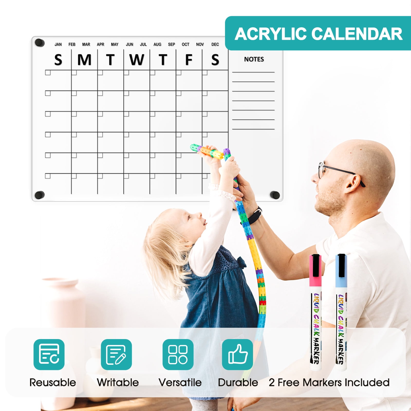 DOLLAR BOSS Large Oversize Crystal Clear Acrylic Wall Calendar Dry & Erase Board 24" X 16" Monthly Family Calendar Home Office Glass Calander Reusable Big Whiteboard with Markers, Black Print