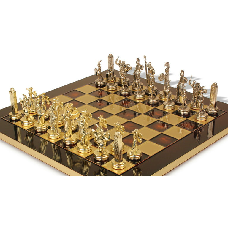 Large Poseidon Theme Chess Set Brass & Nickel Pieces with Red Board on Case  - The Chess Store