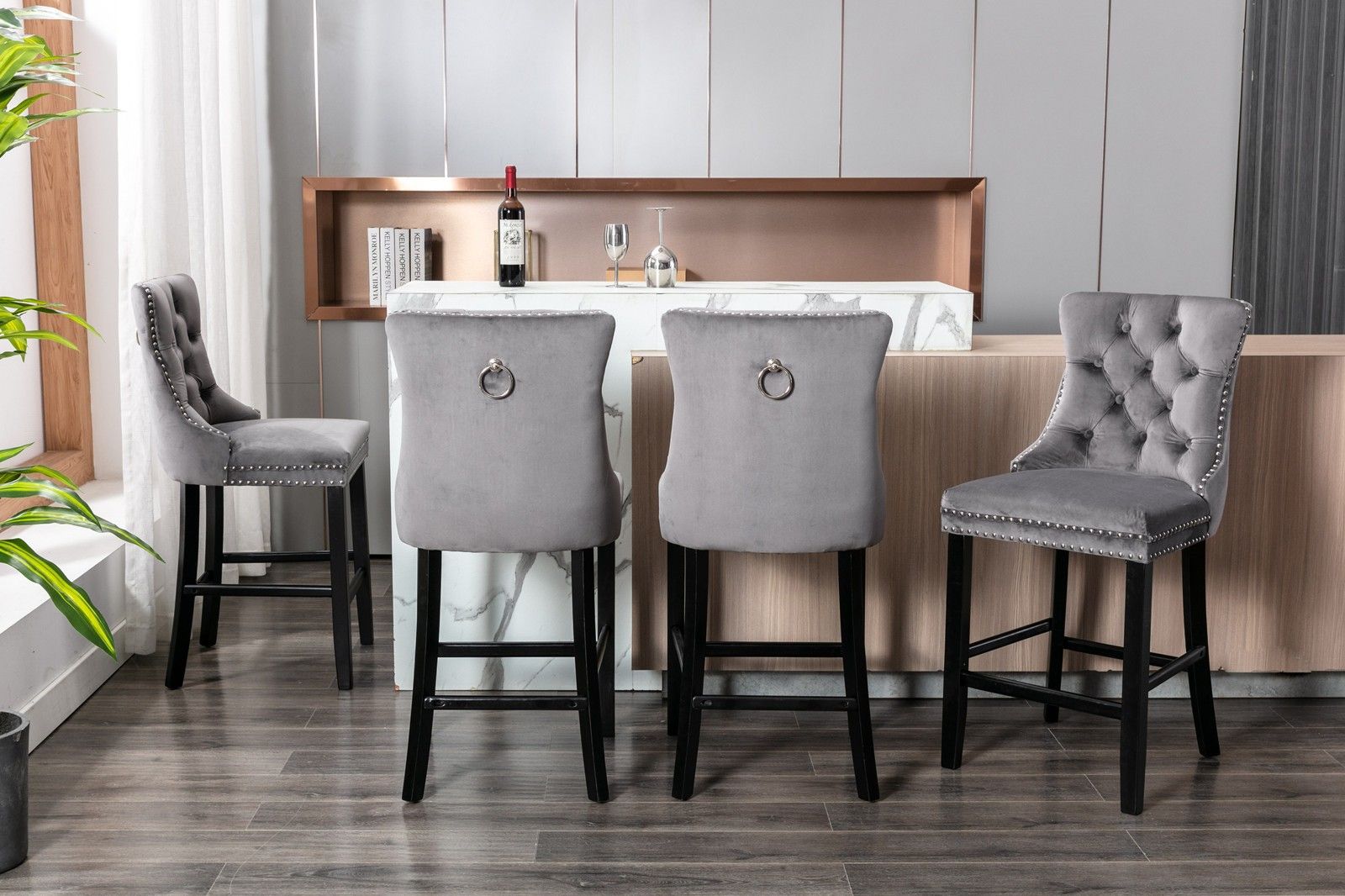 SOAR FLASH Velvet Bar Stool Set Of 6 – Counter Height, Wood Legs, Button Tufted, Light Wood