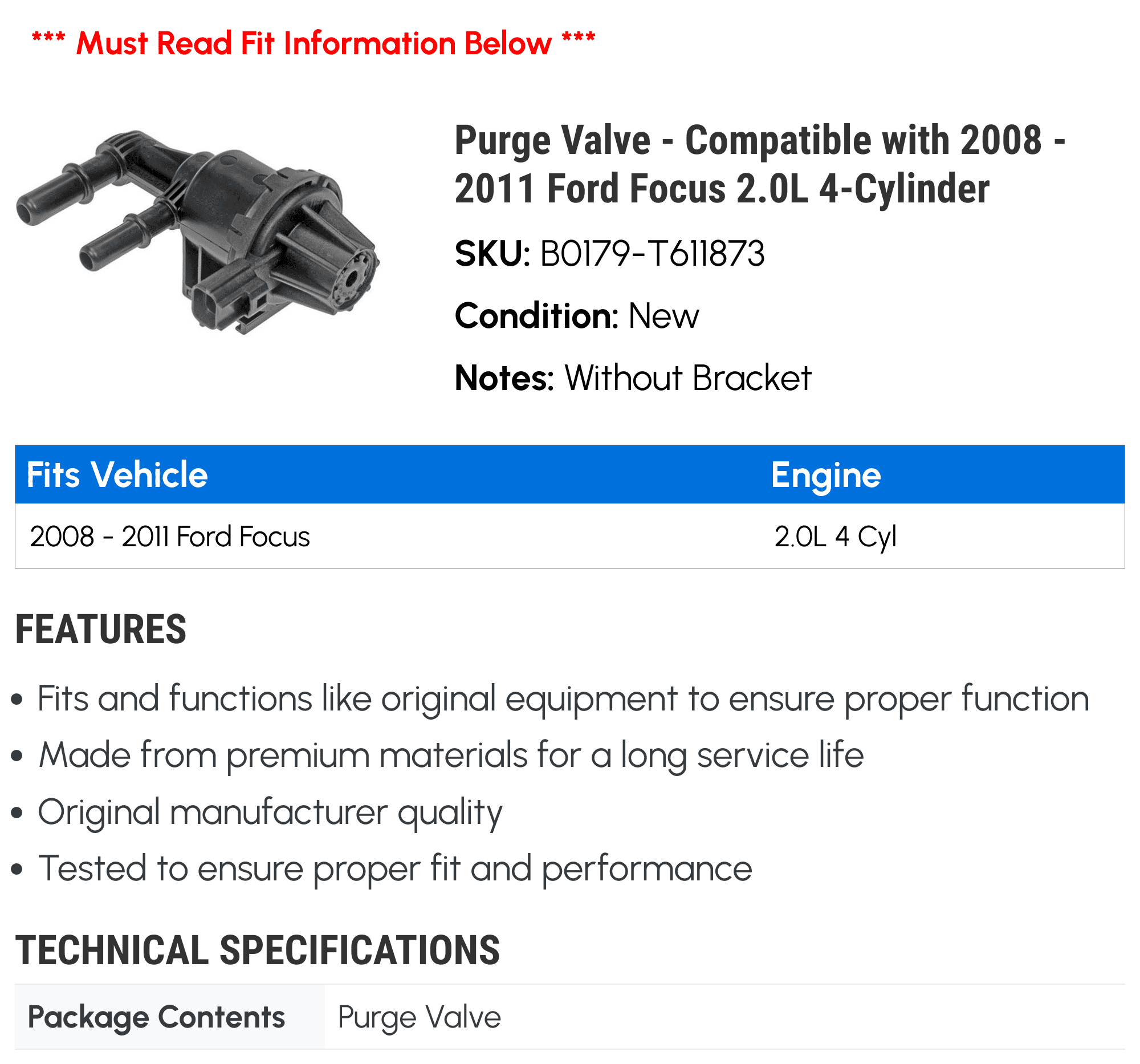 Purge Valve - Compatible with 2008 - 2011 Ford Focus 2.0L 4-Cylinder 2009 2010