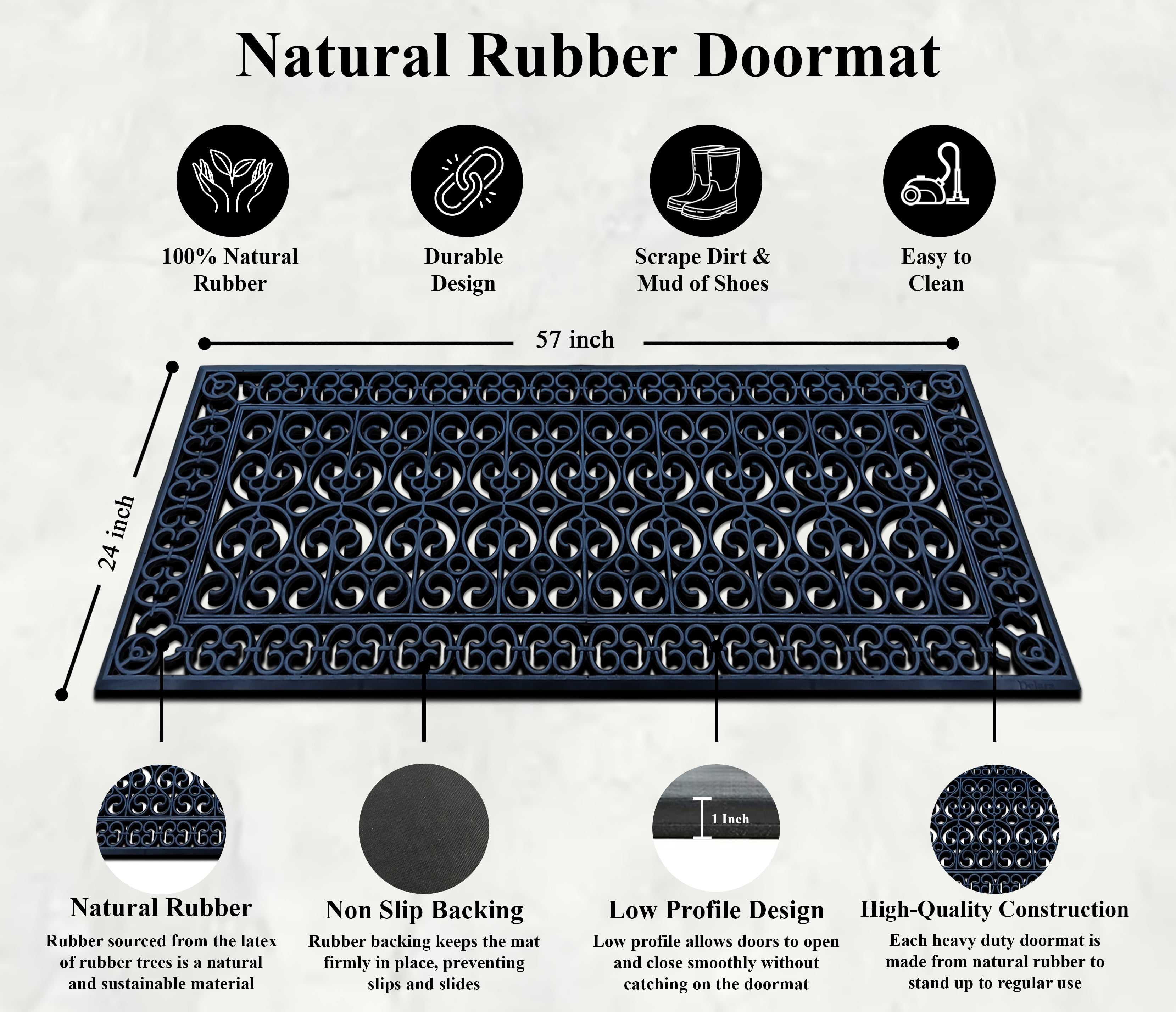A1 Home Collections 19-LB Heavy Duty Rubber Doormat 24"×57" - Won't Blow Away | Outdoor Front Door Mat, Mud Dirt Scraper, Non-Slip Drainage Mat for Entryway Patio Garage, All-Weather