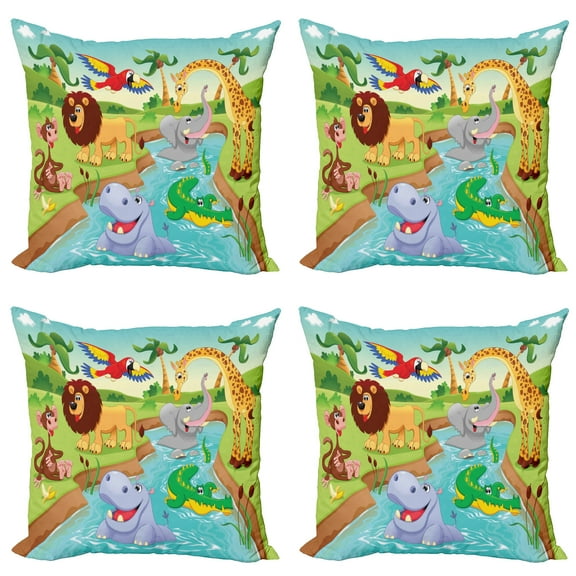 Ambesonne Cartoon Throw Pillow Cover 4 Pack, Savannah Animals Colorful, 20", Multicolor