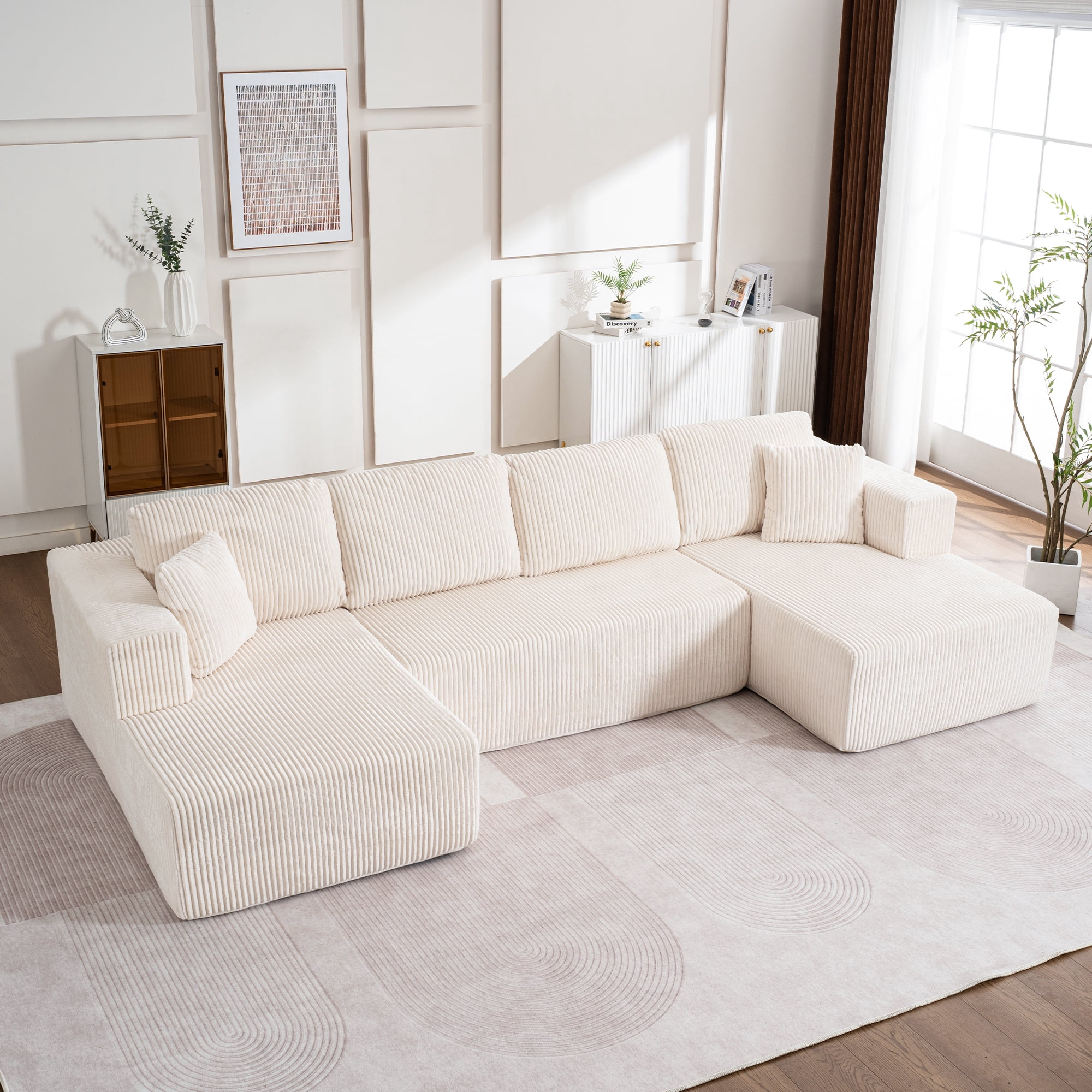Noble House Frameless Modern Casual U-Shaped Sofa,Modular with Reclining Chair,White