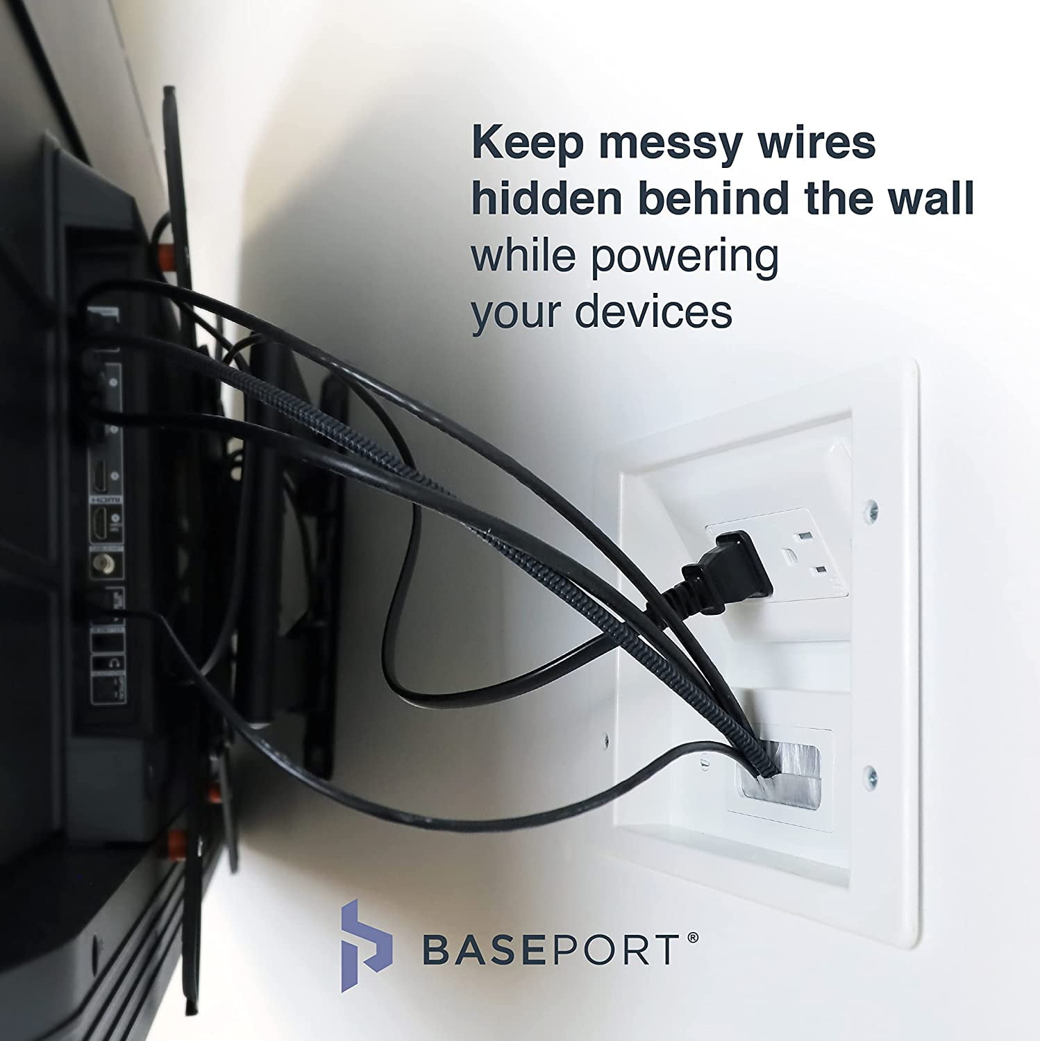 BASEPORT In Wall Cable Management Kit, TV Cord Hider for Wall Mounted TV with Recessed Outlet