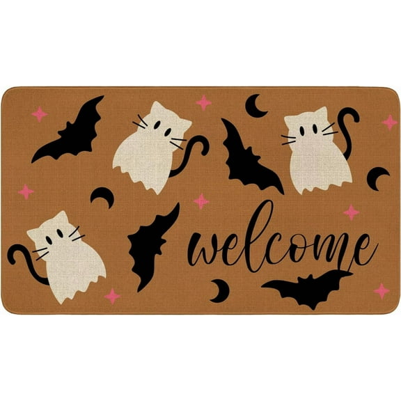 Halloween Door Mat,Cute Cat Spooky Ghost Bats Outdoor Mats for Front Door,Fall Halloween Indoor Entrance Non-Slip Doormat Entryway Welcome Rubber Mats for Porch Decor 30" x 17"