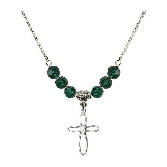 18-Inch Rhodium Plated Necklace with 6mm Green May Birth Month Stone Beads and Loop Cross Charm