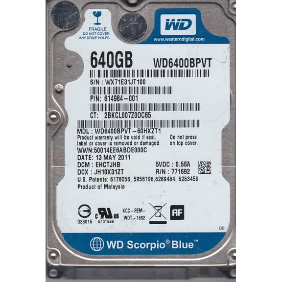 WD6400BPVT-60HXZT1, DCM EHCTJHB, Western Digital 640GB SATA 2.5 Hard Drive