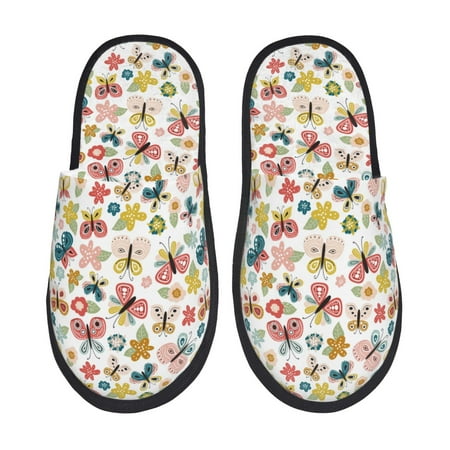 Balery Butterfly Flowers Slient Indoor Furry Fleece Comfort House Shoes Soft Non-Slip Home Shoes Cotton slippers House Slippers-- Large