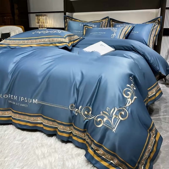 Light Luxury Four Piece Bedding Set - Elegant Digital Printing & Embroidery Duvet Cover for All Seasons