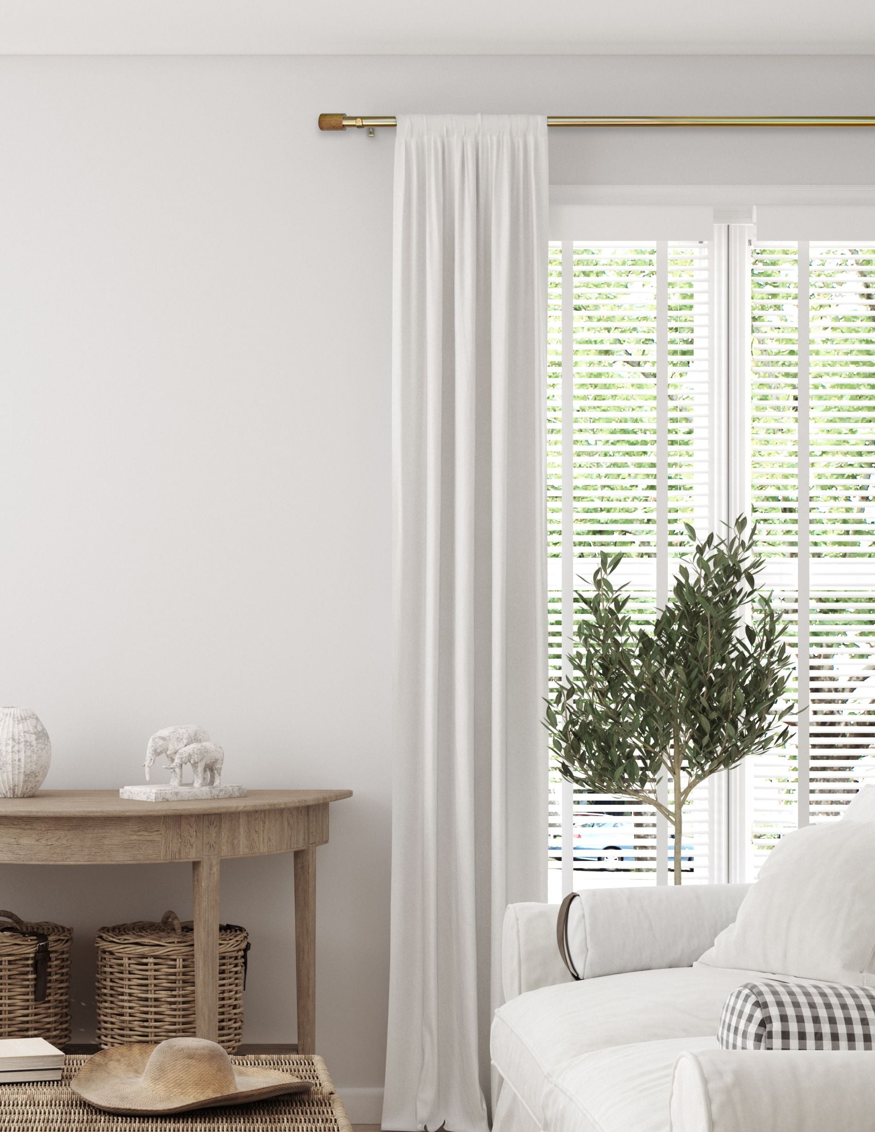 Linen Avenue Wood Cylinder Single Window Curtain Rod Set, 66 to 120-inch, Brass