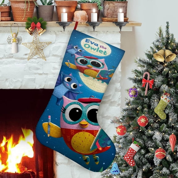 Eva the Owlet-theme Christmas Stockings，Fine white linen for Stairs Fireplace Hanging Xmas Home Decor Christmas gift17.7"X12.6"(45cm×32cm)