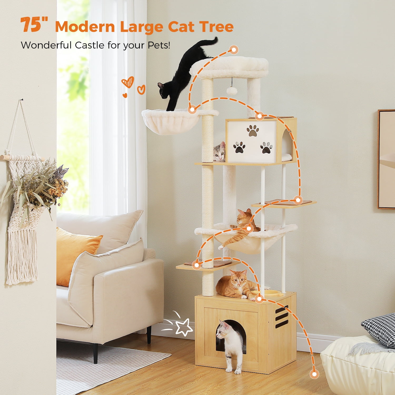 Pefilos 74" Cat Tree with Food Station, Wooden Tall Cat Tower with Condos and Hammocks,Spacious Perch,Sisal and Steel Posts, Scratching Mat, Beige