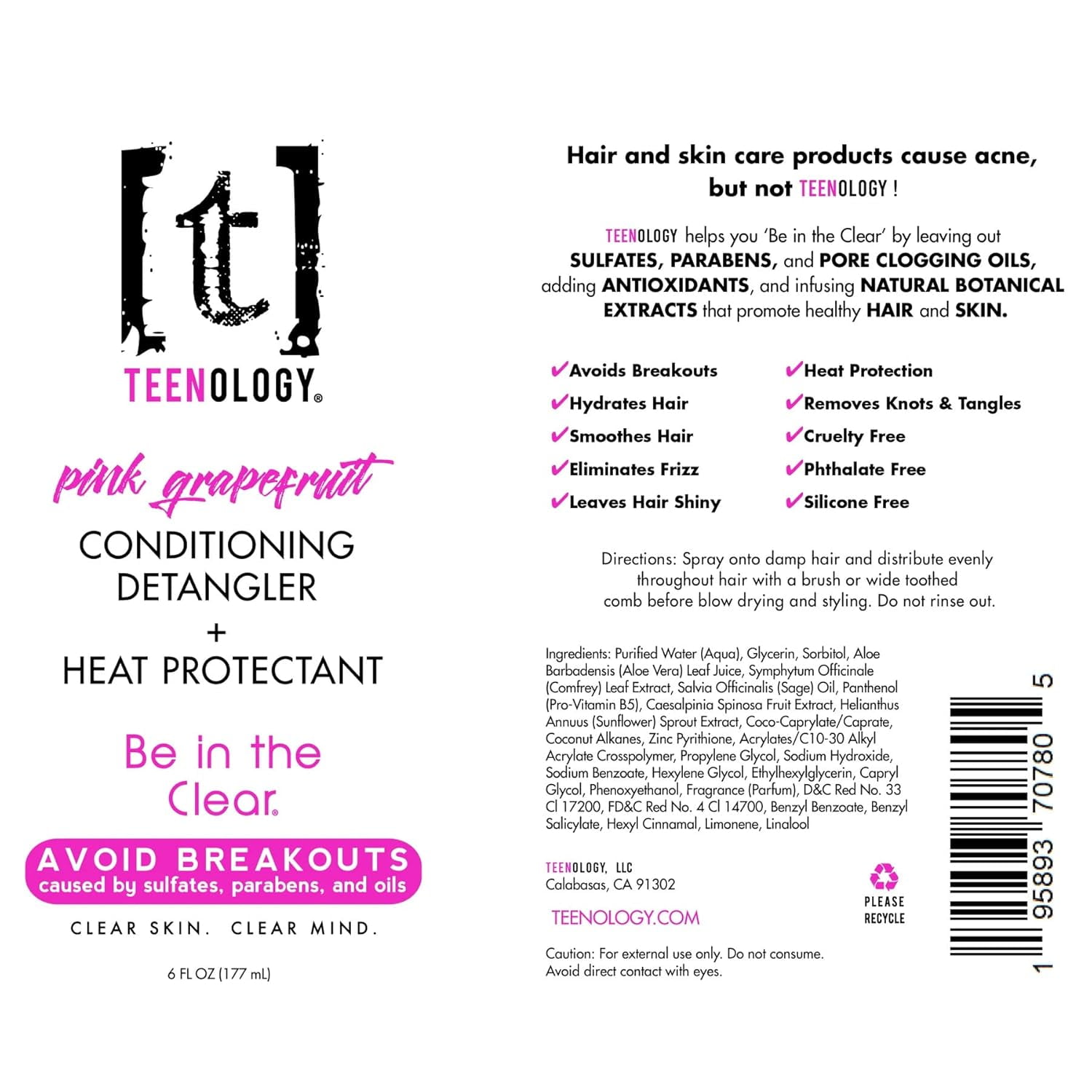 Teenology Leave-In Conditioning Detangler and Heat Protectant for Teens, Pink Grapefruit, 6 oz