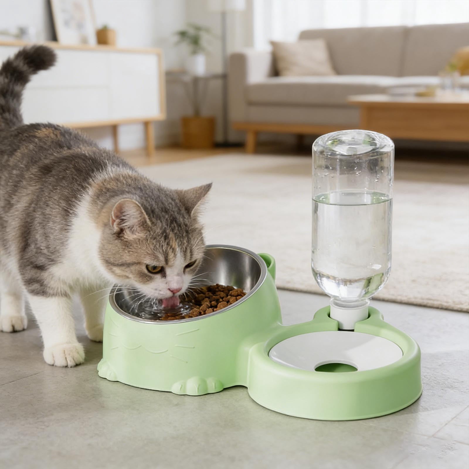 Double Cat Bowl Feeder with Automatic Water Dispenser Elevated Pet Food and Water Station for Small Animals