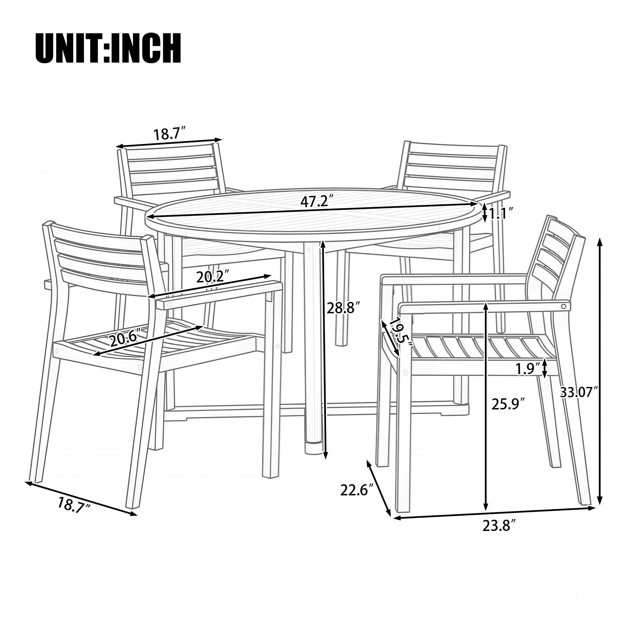 Mintazer 5 Piece Outdoor Patio Dining Set with 47.2" Round Table & 4 Chairs for Patio Lawn Garden & Indoor, Brown & White