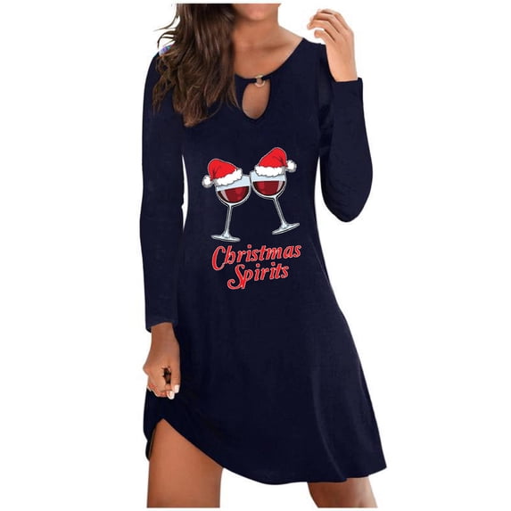 Lanhui Christmas Print For Women Casual Round-neck Long Sleeve Pullover Dress