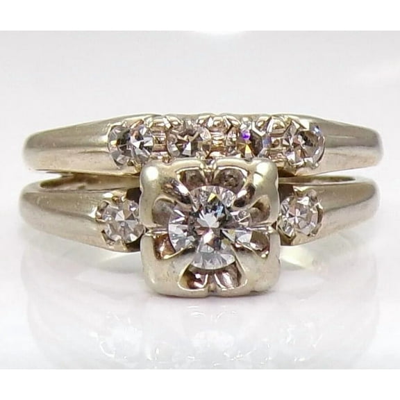 Bluebell Jewels Vintage Art Deco Round Cut CZ Engagement 925 Silver Ring Set