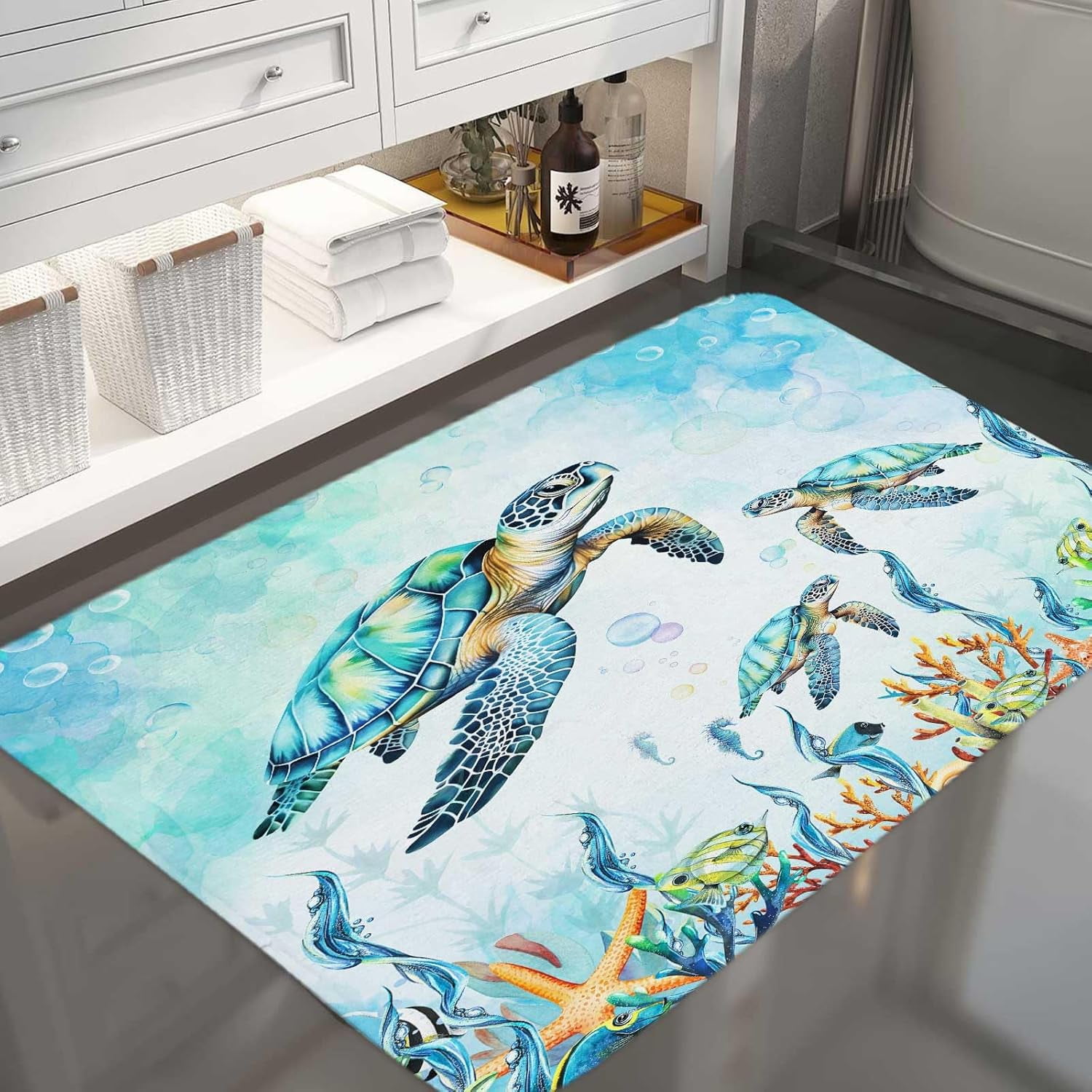 Watercolor Sea Turtle Blue Bathroom Rugs, Nautical Marine Animals Underwater Sea World Bath Rugs, Cute Bath Mats for Bathroom Shower Floor Decor, 19X31in