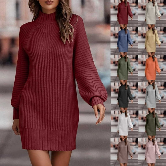 Oksale Knit Dresses for Women Trendy Mock Neck Mini Dress Loose Long Sleeve Sweater Dresses Solid Color Fall Dress 2025 Soft Cozy Dress Beige S