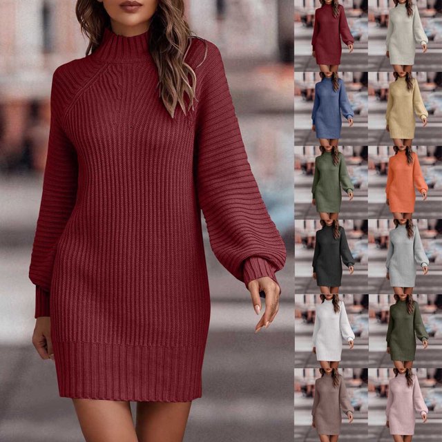 Gspmoly Robes Décontractées pour Femmes, Robe d'Été Décontractée Unie pour Femmes à Col Rond, Manches Longues, Coupe Ample, Robe de Cocktail, Articles en Liquidation