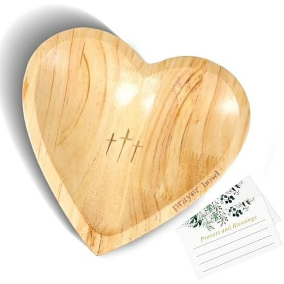 Heart Prayer Bowl Wooden Handcrafted Prayer Dough Bowl with Cards Christian Gifts Love Shaped Decor Bowl for Women Religious Christmas Easter Thanksgiving Day$$Home Decor, Kitchen, & Other