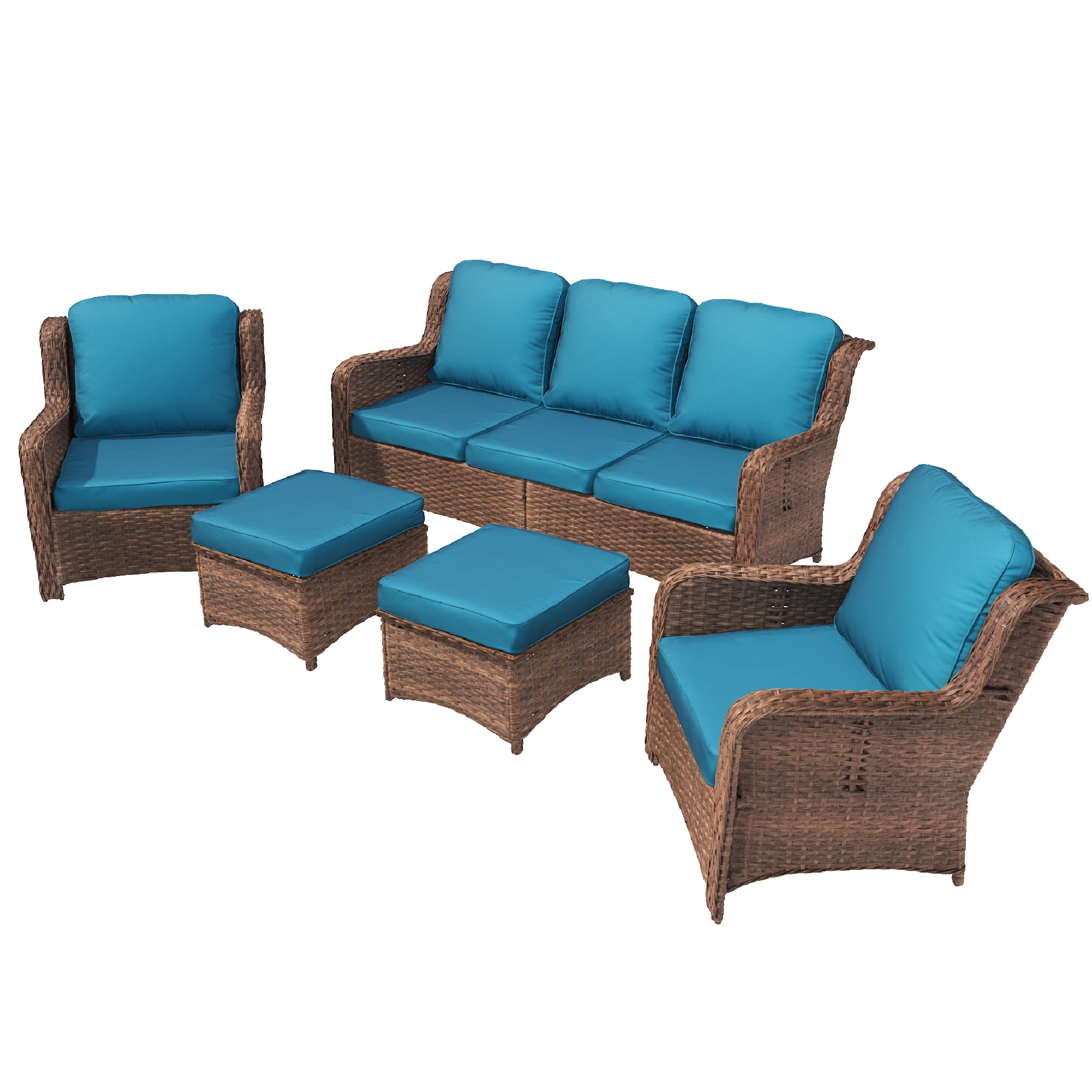 Hzzkey Patio Furniture Set, 5 Pieces Outdoor Sectional Sofa Set, All-Weather Wicker Rattan High Back Patio Conversation Set with Ottoman for Poolside, Backyard, 4.33" Thick Cushions, Peacock Blue