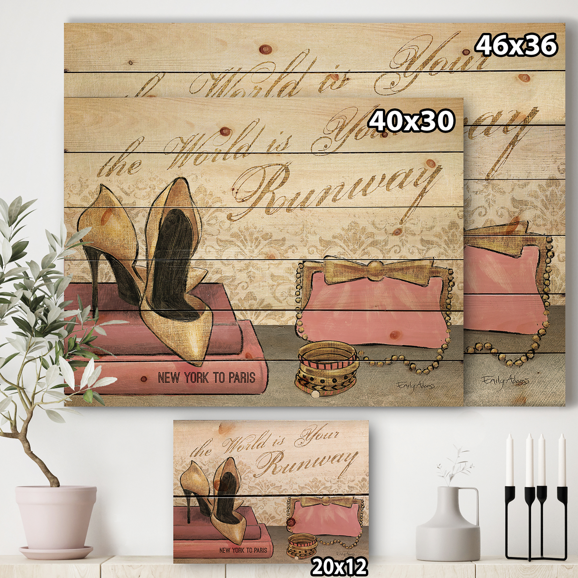 Designart 'Gold Fabulous Fashion Life Style I' Fashion Print on Natural Pine Wood