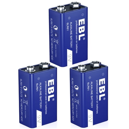 EBL 9V Alkaline Batteries (3 Pack), Long Lasting and Leak Proof 6LR61 9 Volt Batteries