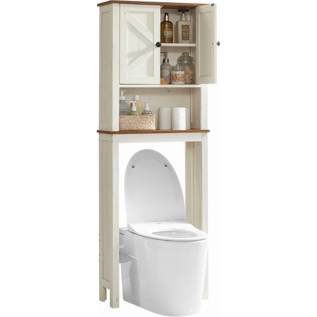 SONGMICS HOME LIRY Colección - Armario sobre el Inodoro, Organizador de Baño, con Puertas de Granero, Estante Ajustable, Blanco Rústico
