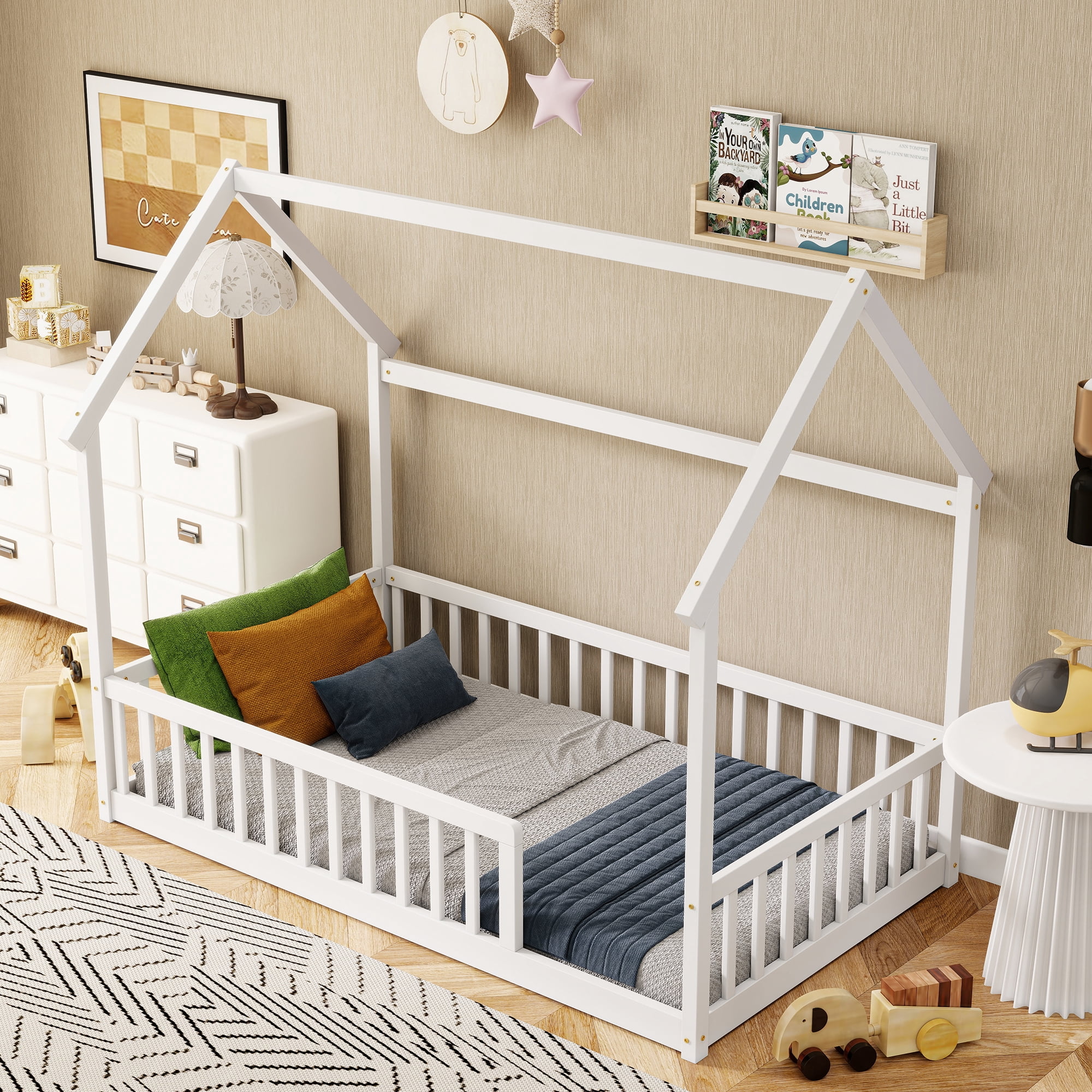 Twin Size House Floor Bed with Roof Frame, Pine Wood Floor Bed with Safety Guardrails, White