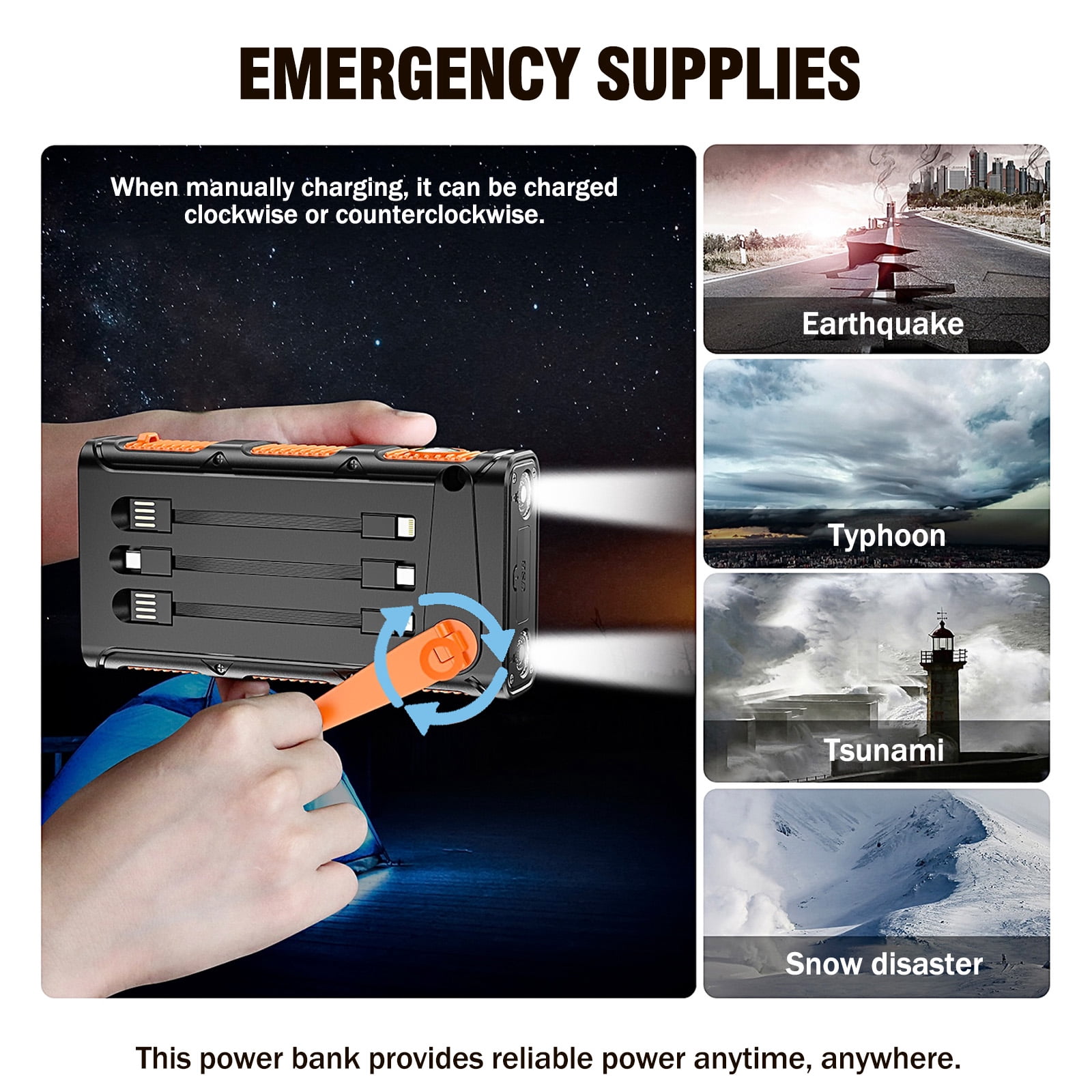 Power Bank Wireless Charger 49800mAh Built in Hand Crank and 3 Cables 18W Fast Charging Power Bank 7 Outputs & 4 Inputs Solar Portable Charger, SOS/Strobe/Strong Flashlights, Compass
