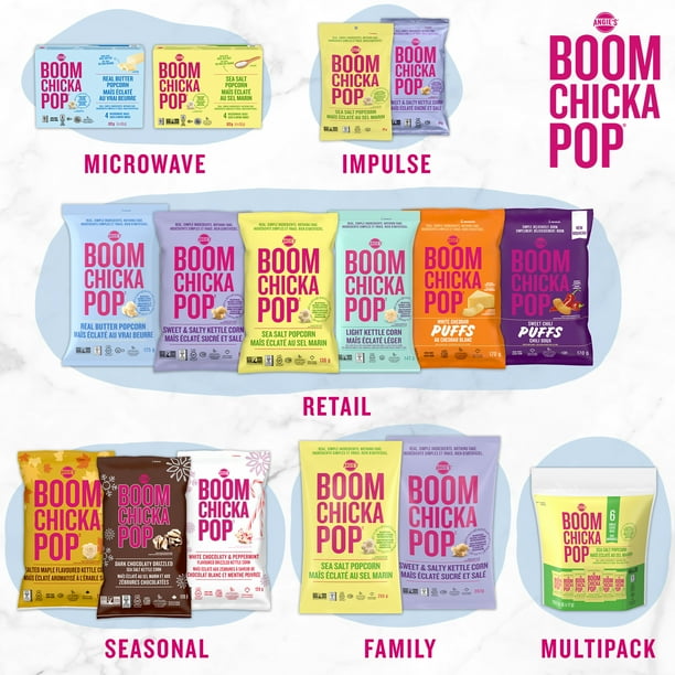 Angie s BOOMCHICKAPOP Ready To Eat Gluten Free Non GMO Sea Salt Vegan Popcorn 6 single serve bags 6 x 17 g Whole grain Non GMO Kosher gluten free single serve multi pack popcorn bags Walmart