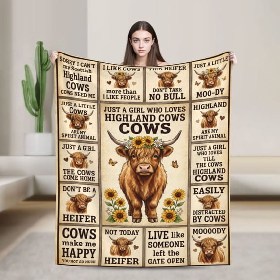 Highland Cow Throw Blanket, Cow Print Theme Gifts for Women, Warm Cozy Novelty Throw 50x40