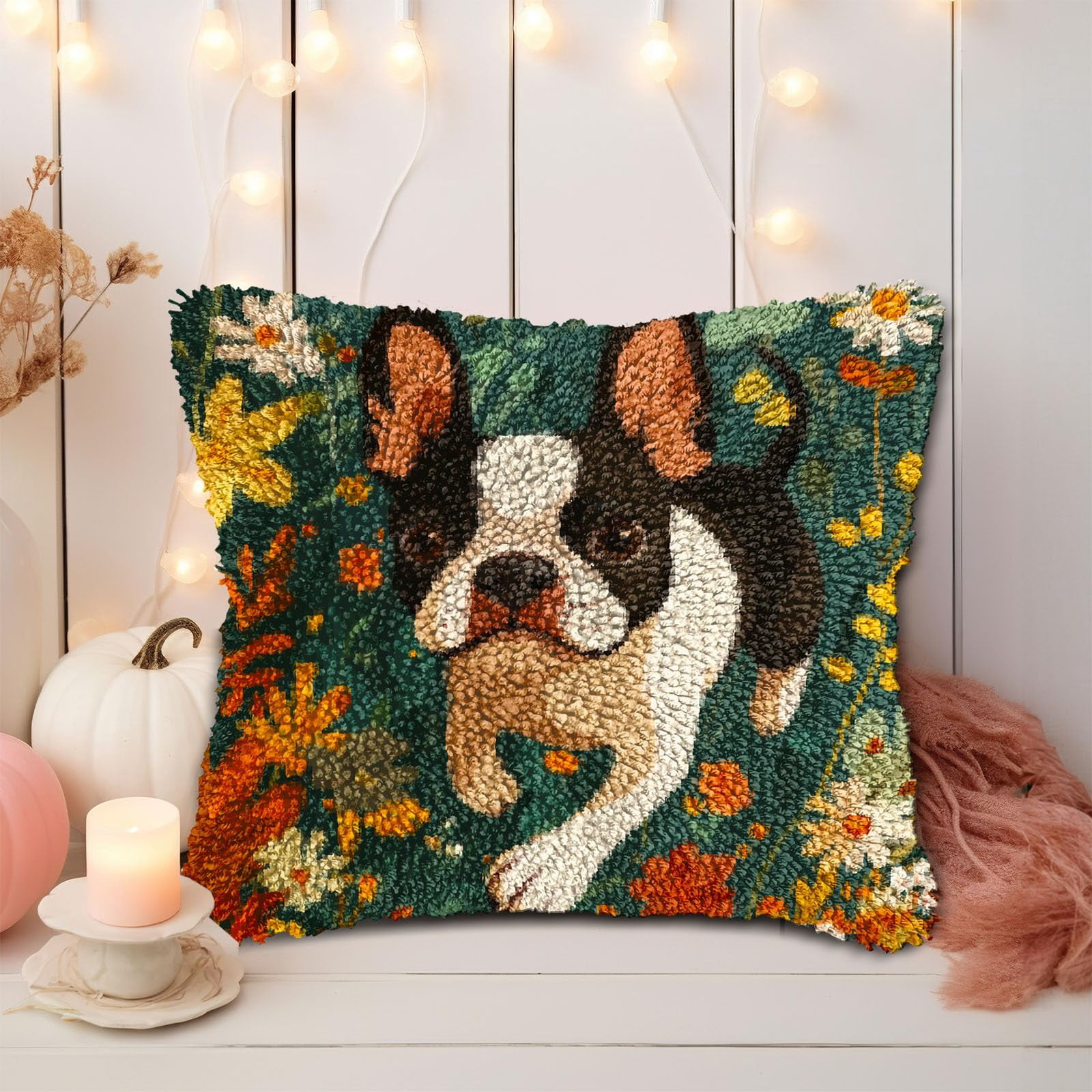 DIY Latch Hook Pillow Kits for Adults Cartoon Cute Boston Terrier Dog Running in Flower Printed Pillowcase Crochet Yarns Hooking Handmade Pillow Cover Cushion for Home Sofa Decoration 17x17inch(3)