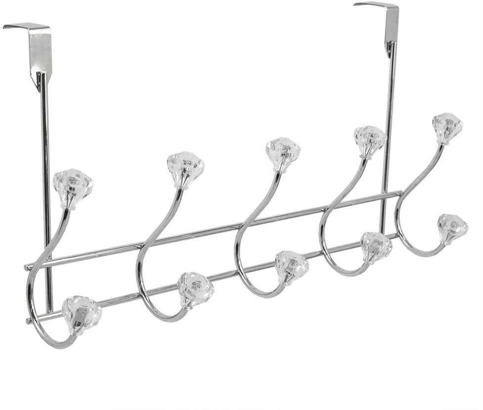 5 Hook Over the Door Hanging Rack Organiser with Crystal Knobs, Multipurpose for Hanging Clothes, Coats, Towels Robes