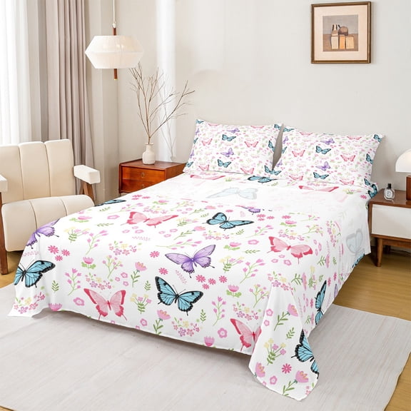 Manfei Cute Butterflies Twin Sheet Sets,Flying Animal Twin Fitted Sheet,Pink White Cyan Flat Sheet For Girls Kids,Super Cozy Room Decor,3-Piece