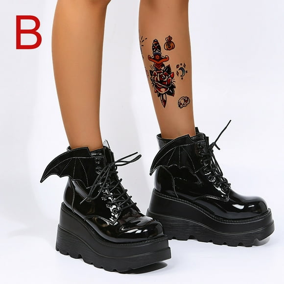 Dvkptbk Holographic Platform Boots for Women, Lace Up Ankle Studded Buckle Goth Stacked Wedge Combat Ankle Boots ummer