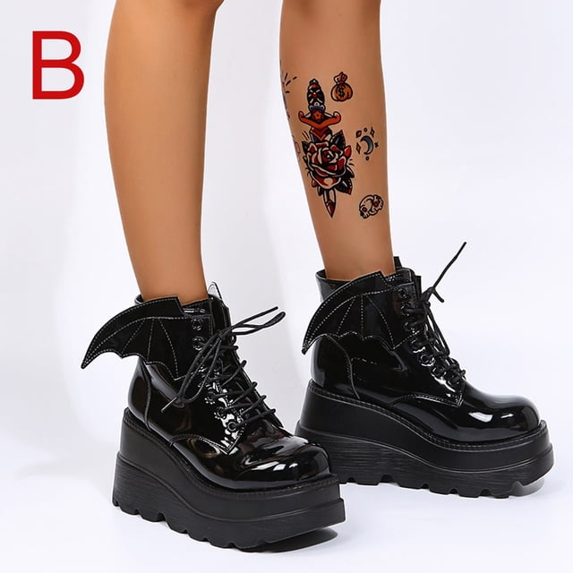 Chaussures pour Femmes Mode Bout Rond Talon Compensé Bas Lacets Cuir Verni Brillant Bottes