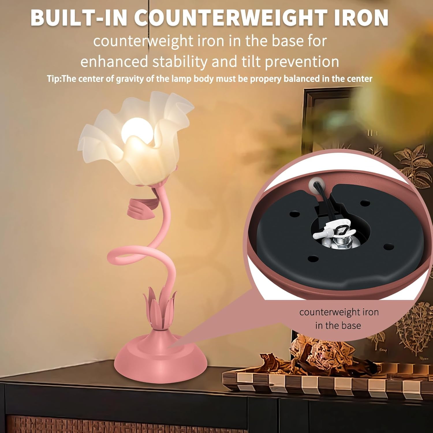 Jewelry  Flower Table Lamp,LED Reading Light Bedside Vintage Flower Night Light,3 Colors Modes Kawaii Bedside Lamps Decor,Living Room Bedroom Room Lighting Table Lamps Home Decoration(pink lamp)