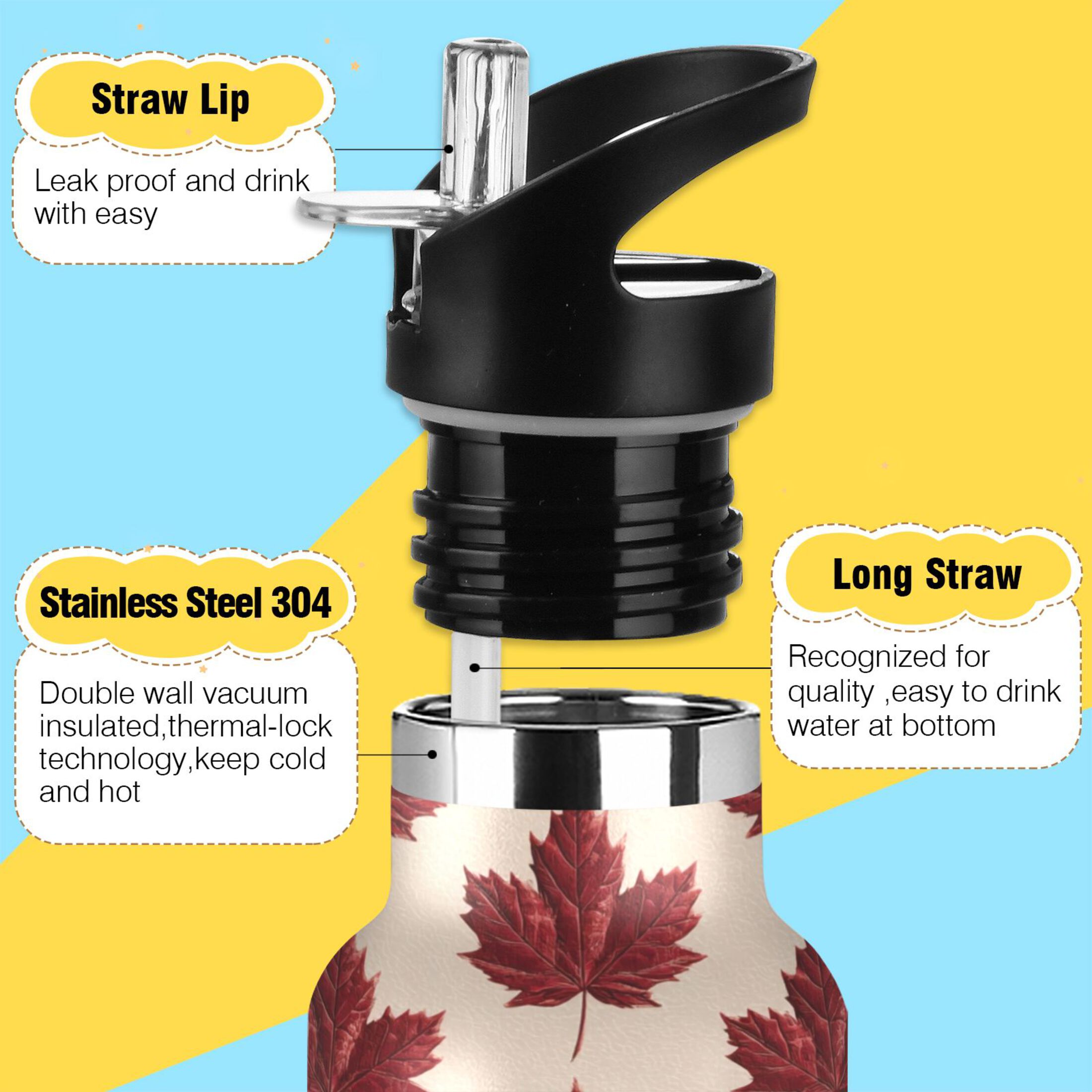 600ML Stainless Steel Insulated Cup Sports Water Bottle Portable Thermos Cup Water Glasses Insulated Tumblers Convenient and Durable Red Maple Leaves Seamless