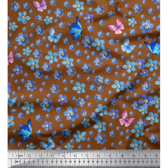 Soimoi Viscose Chiffon Fabric Butterfly & Flower Print Fabric by the Yard 42 Inch Wide