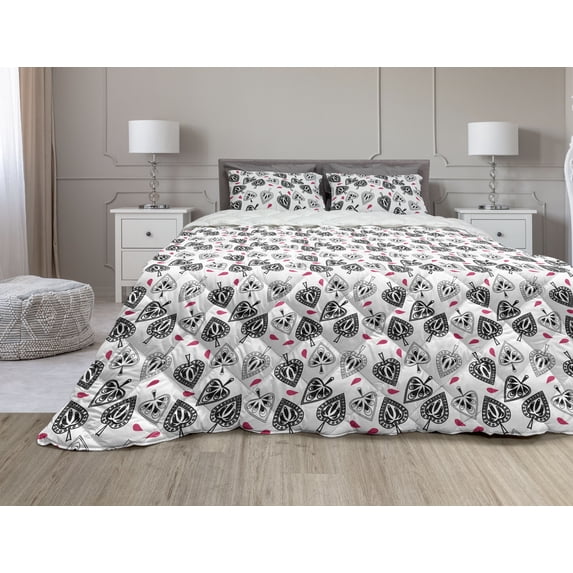 Leaves Comforter & Sham Bedding Set, Modern and Geometrically Designed Leaf with Pink Strokes, 3 pcs Duvet Set Microfiber Filling Quilt, 5 Sizes, Magenta Charcoal Grey, by Ambesonne
