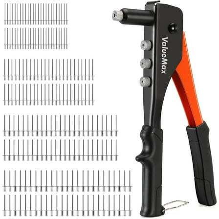 ValueMax 4-in-1 Hand Riveter/Rivet Gun, Pop Rivet Tool Kit with 200 Rivets - 3/32-inch, 1/8-inch, 5/32-inch, 3/16-inch, 4 Interchangeable Nosepieces, Suitable for Metal