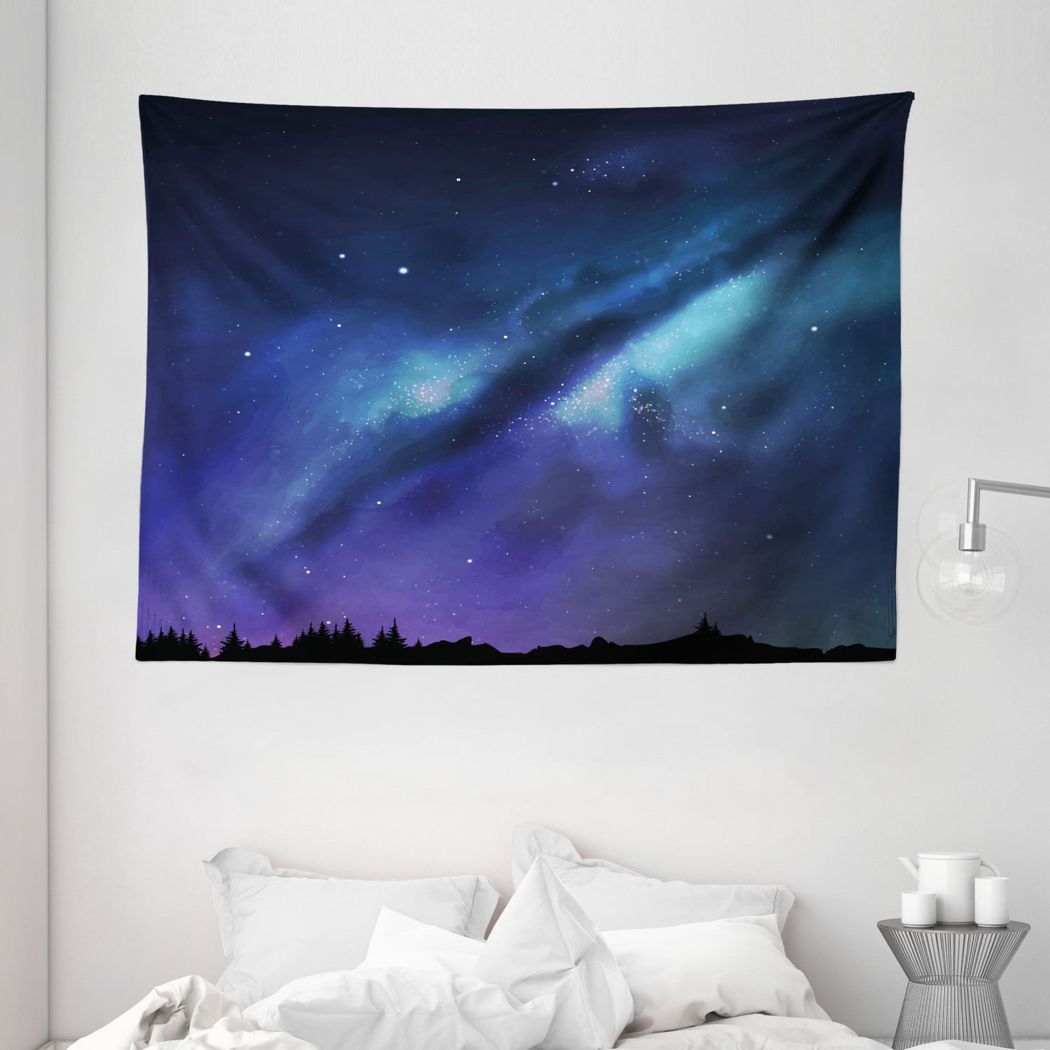 Ambesonne Nature Tapestry Ocean Under Northern Galaxy Milky Way in Mystical Dark Cosmos Reflection Planet Photo Purple Wide Wall Hanging for Bedroom Living Room Dorm 80 X 60 