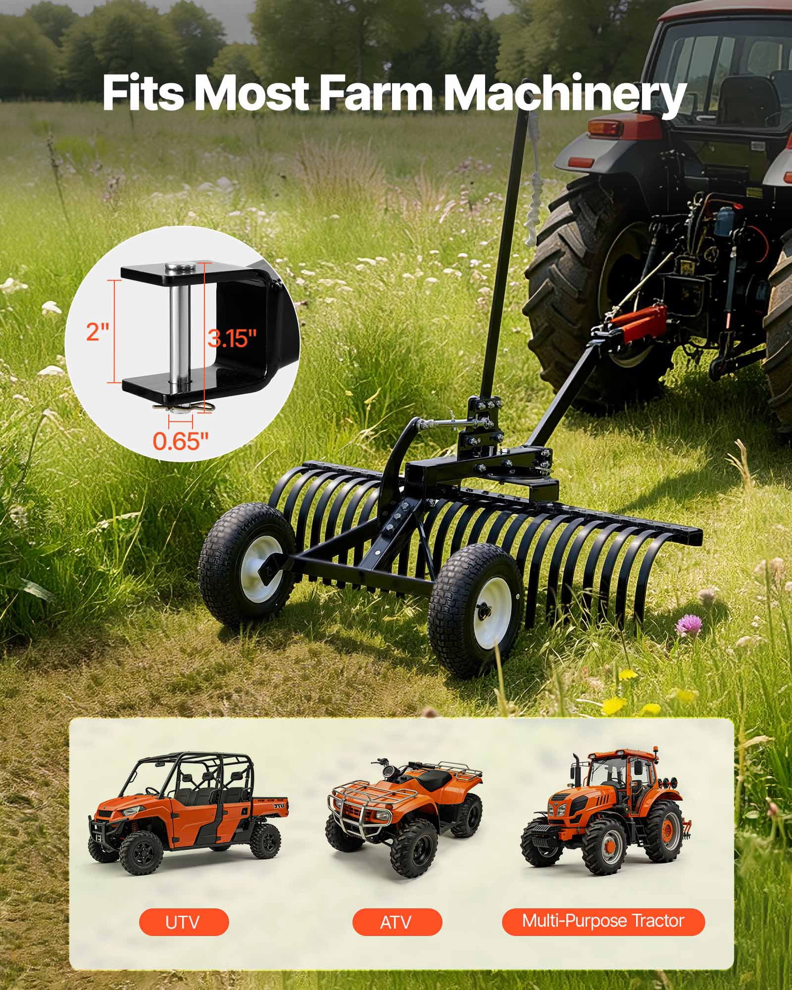 VEVOR 48in Landscape Rake, Pull Behind Lawn Rock Rakes for ATV Mower Tractors, 24 Durable Steel Tines, Adjustable Height & Angle, Heavy Duty Dethatcher Rake for Leaves Debris