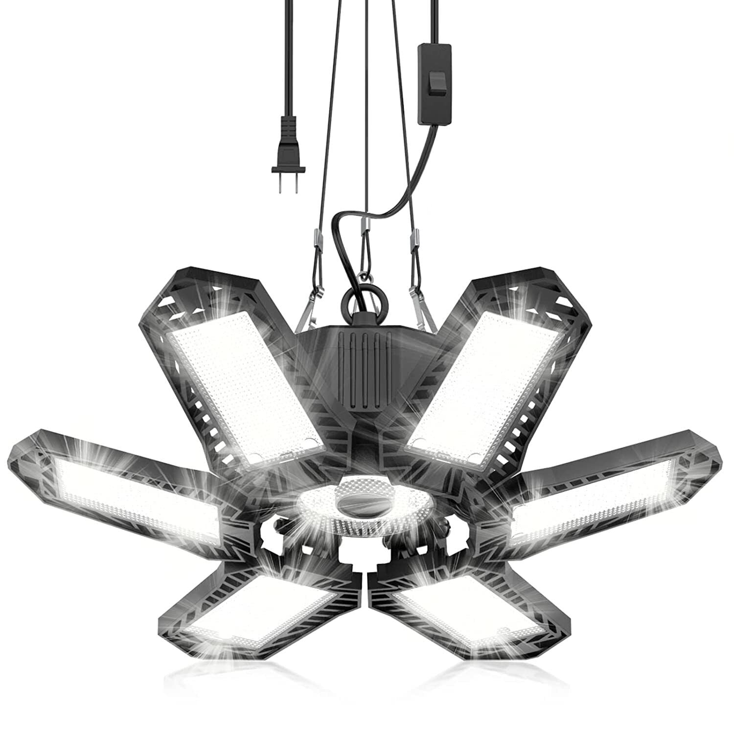 Brobantle Plug-In 200W LED Garage Ceiling Light Adjustable 6-Light 20000LM Deformable Panels Black 6500K